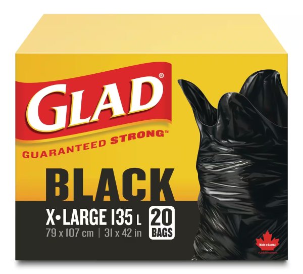 Glad Extra-Large 垃圾袋20-pk, Black, 135-L