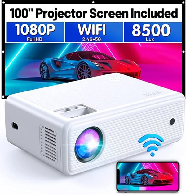 投影仪 1080P HD 8500 LUX WiFi Movie Projector Support 2.4G+5G, Home&Outdoor Portable Projector, Compatible with iOS/Android/TV Stick/HDMI/USB [100" Projector Screen Included]