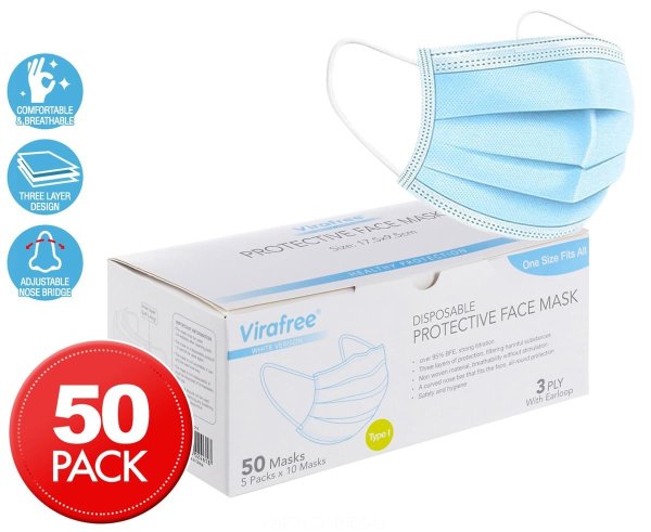 3 Ply Disposable Protective Face Masks 50-Pack - Blue