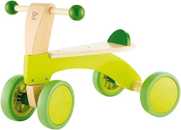 骑木制自行车四处骑行 |屡获殊荣的幼儿四轮木制推平衡自行车玩具，带橡胶轮，亮绿色