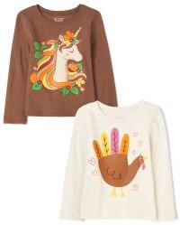 幼儿女孩土耳其独角兽图案 T 恤 2 件装 - 多色 2