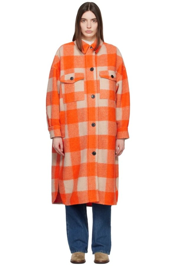 橘色长款格子大衣