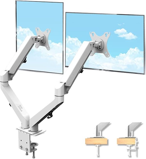 Aerostralia Dual Monitor Arm, Adjustable Computer Monitor Stand, Gas Spring Dual Monitor Mount with Tilt Swivel Rotate, Dual Arm VESA Monitor Stand for 13-32 Inch Screens 2-9kgs with 2-Grommet Mounting Base (White)