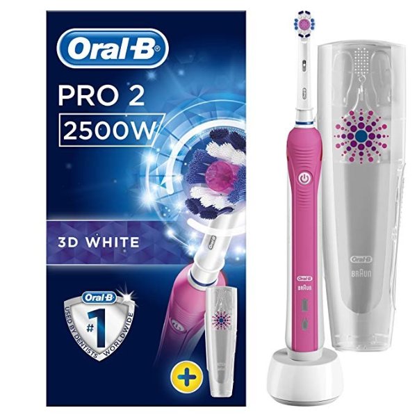 Pro 2 2500 3D White Electric Toothbrush Rechargeable Powered By Braun, 1 Pink Handle, 2 Modes Including Gum Care, 1 Toothbrush Head, 1 Travel Case, With A 2 Pin UK Plug