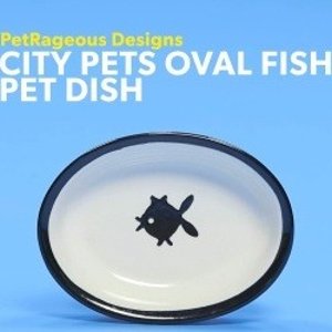 史低价：Petrageous Designs 猫星人 小鱼猫粮碗盘 椭圆形 手工制作陶器碗