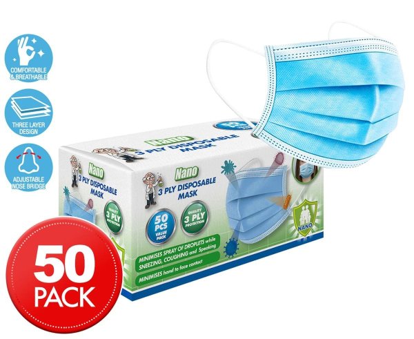 3 Ply Disposable Protective Face Masks 50-Pack - Blue