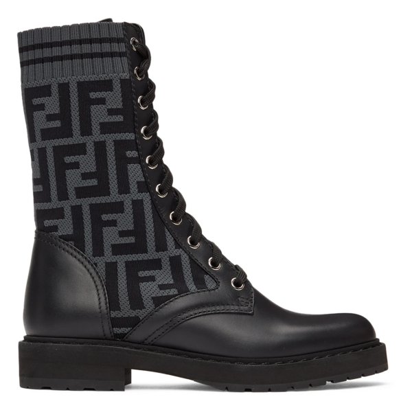黑色FF系带短靴 女款