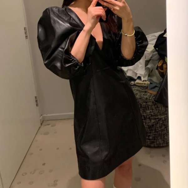 Balloon-sleeve leather mini dress | Ganni