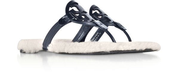 Tory Burch Perfect Navy Shearling Miller Flip Flop w/Metal Logo