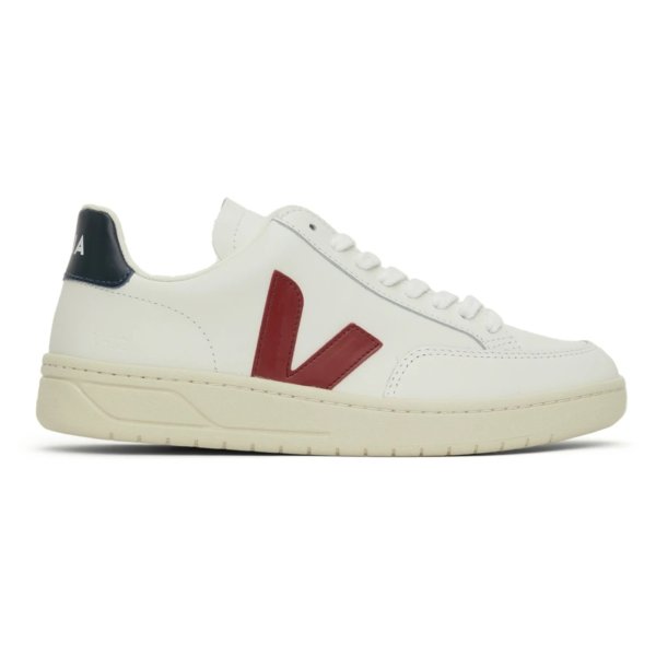 White & Red Leather V-12 Sneakers