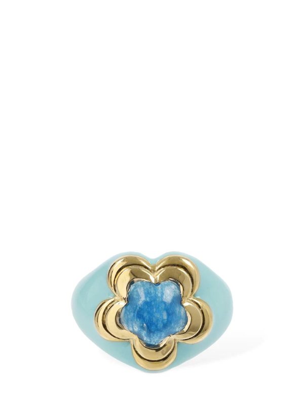 Aqua搪瓷花朵蓝色石英石戒指