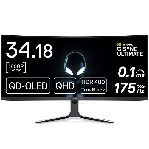 34 Inch Curved Gaming Monitor QD-OLED, QHD, 175Hz Refresh Rate, 0.1ms Response Time, NVIDIA G-Sync Ultimate, 1440p Resolution, Lunar Light, AW3423DW