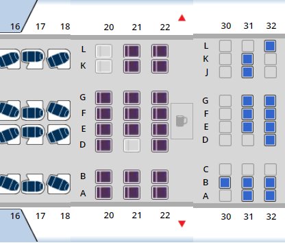 图中16-18排为商务座位,20-22排为超经座位,30排及以后为经济舱座位
