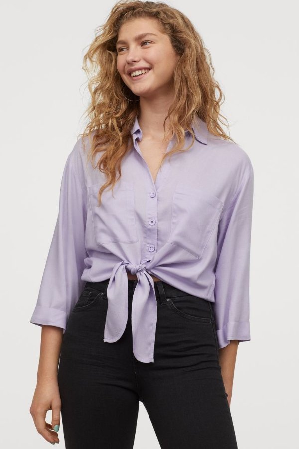 紫色系带衬衫