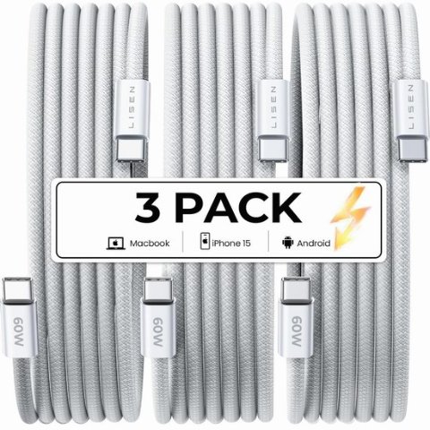 LISEN USB C Cable 60瓦 6.6英尺充电线缆/数据线3件套
