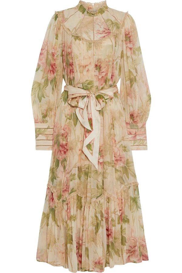 Espionage Swing lace-trimmed floral-print silk-georgette midi dress