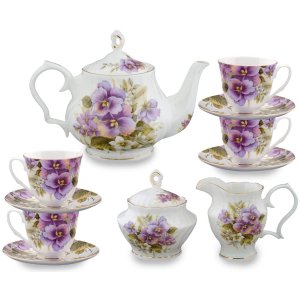 三色堇骨瓷茶具11件套 精致适合收藏 母亲节送妈妈推荐