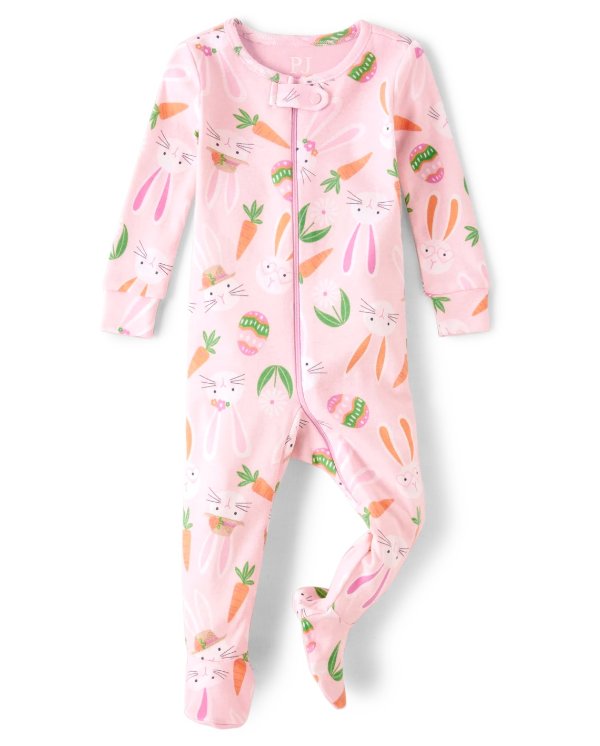 婴幼儿女孩配套家庭复活节兔子舒适版型棉质连体睡衣