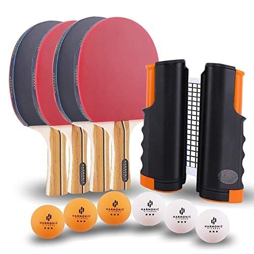 HarmonicFitness Table Tennis Set 4 bats with Net and 6 balls, Ping Pong Set (4-bats Net 6 balls Bundle),Portable Case,Complete Table Tennis Set with net, Control and Spin,3 star table tennis balls, Indoor or Outdoor Play