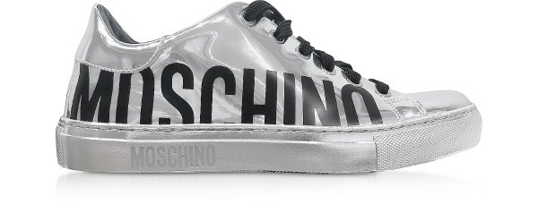 Moschino Signature Silver Laminated Leather Women's Sneakers