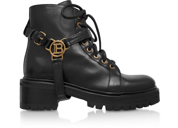 Balmain Black Leather Ranger Boots W/Medallion