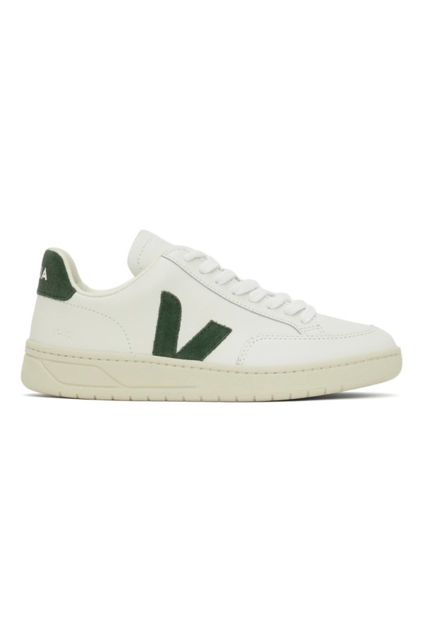 White & Green Leather V-12 Sneakers