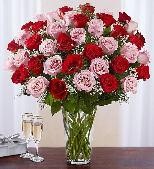 粉玫瑰+红玫瑰组合 带花瓶