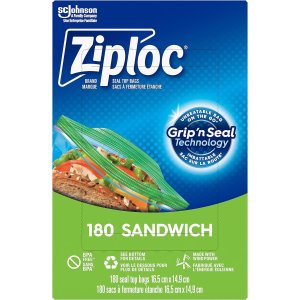 Ziploc 零食和三明治袋 180个装 密封锁鲜 可重复使用