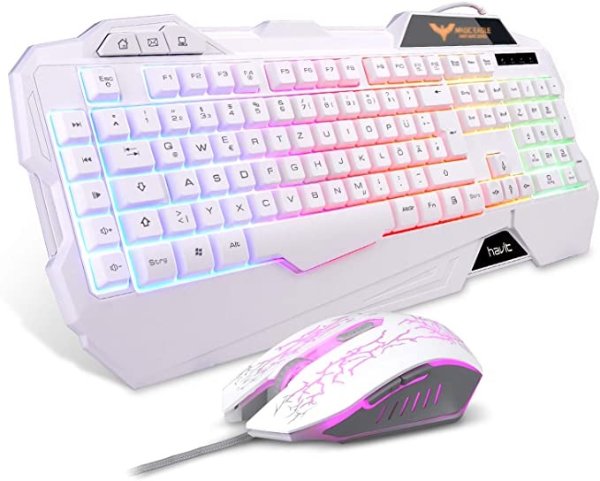 Gaming Tastatur und Maus Set, LED Hintergrundbeleuchtung QWERTZ (DE-Layout), Gaming Maus mit 4 LEDs als Beleuchtung (800/1200 / 1600/2400 DPI einstellbar) (Weiss)