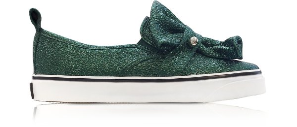 RED Valentino Dark Green Crackled Metallic Leather Slip On Sneakers