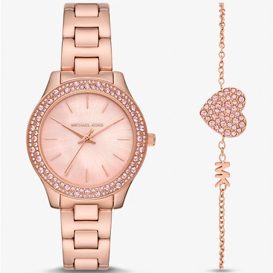 Liliane Pave 玫瑰金色手表和手链礼品套装