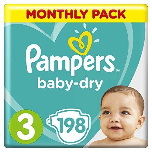 Pampers Baby-Dry Nappies Size 3 Crawler, 198 Nappies, 6 to 10kg, Monthly Pack