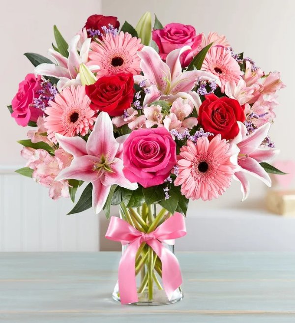 红粉玫瑰+粉观音莲组合 带花瓶