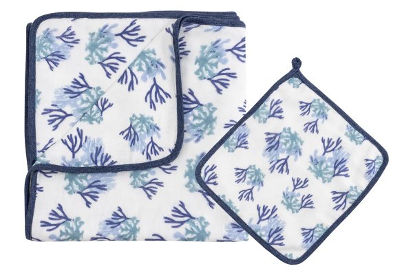 四层竹棉纱宝宝盖毯+口水巾-蓝色珊瑚