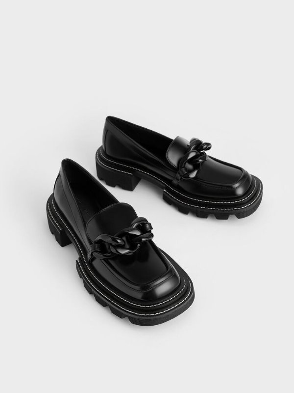 黑色 链条厚底乐福鞋