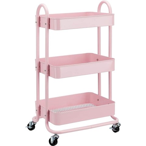 粉色三层小推车置物架