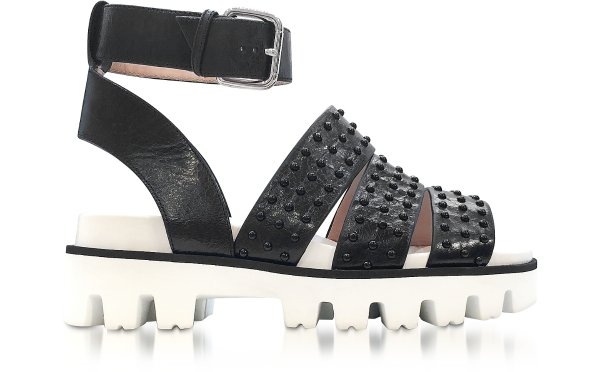 RED Valentino Black Leather Flat Sandals w/Studs