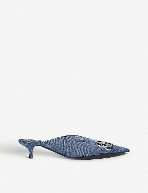 Denim kitten-heel mules