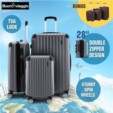 3Pc Luggage Suitcase set-Grey With 3X Covers & TSA Lock