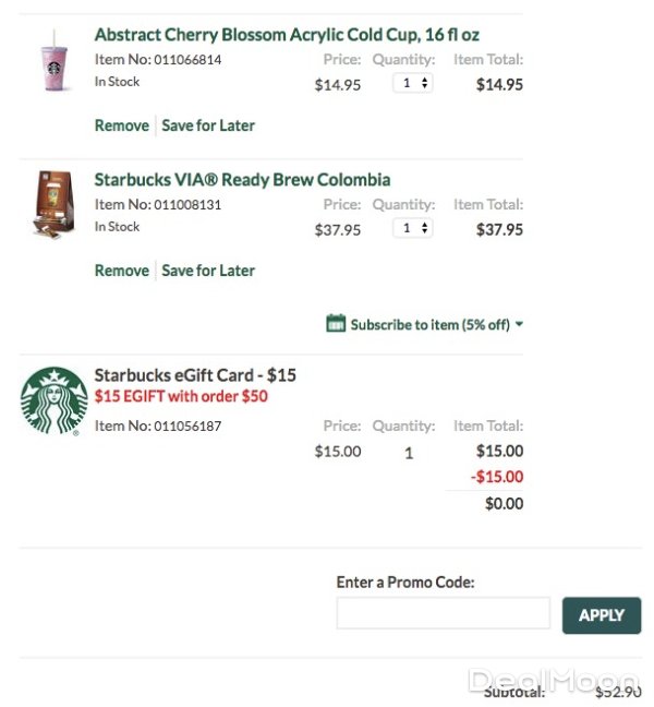 get a $15 starbucks egift card on orders $50  @ starbucks
