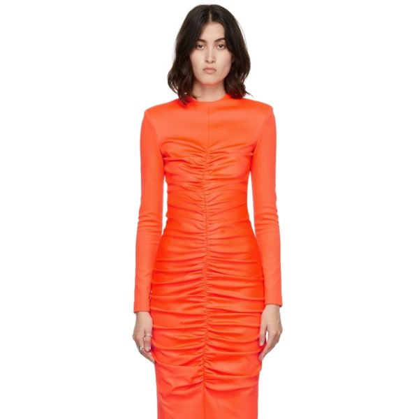 橙色褶裥弹力连衣裙 