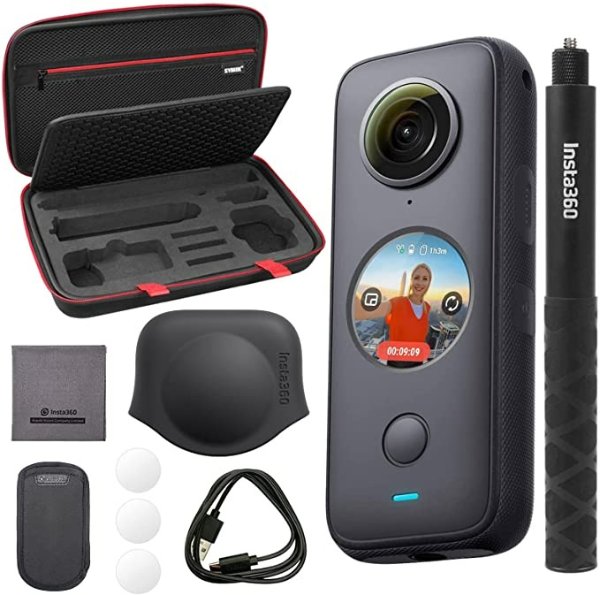 Insta360 ONE X2 360 Degree Waterproof Action Camera Bundle with Invisible Selfie Stick, Carrying Case, and Tempered Glass Screen Protectors