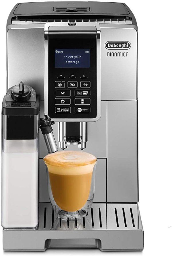 De'Longhi | Dinamica Fully Automatic Coffee Machine | ECAM35055SB | Barista Quality Bean Grinr & Automatic Milk Frothing Latte Crema System with Touchscreen | Silver/Black