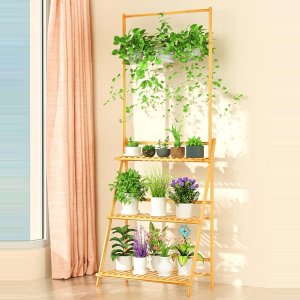 Sumhot 可调高度 3层室内竹制植物架/衣架 带悬挂杆