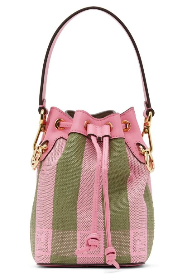 Pink & Green Raffia拼色水桶包