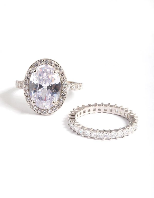 Diamond Simulant Rhodium 戒指两件装