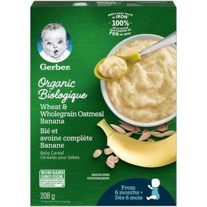 GerberOrganic Cereal Wheat & Wholegrain Oatmeal with Banana, Baby Food, Cereals, 6+ Months, 208 g, 6 Pack - Packaging May Vary