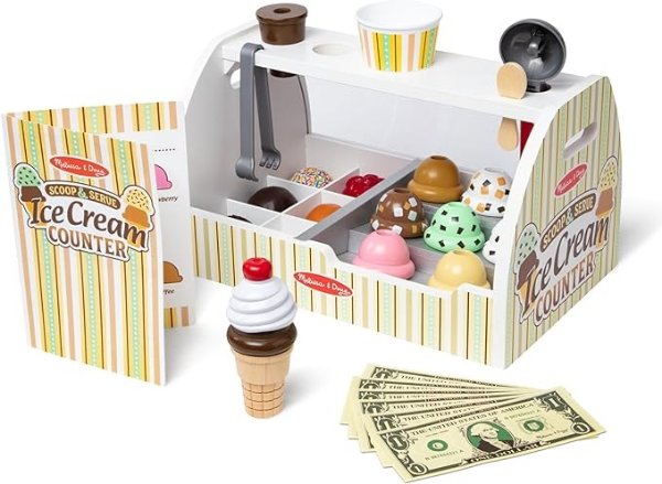 Melissa & Doug 木制勺子和冰淇淋柜台（28 件）| 玩食物和配件| 假装食物、冰淇淋玩具、冰淇淋店玩具，适合 3 岁以上儿童
