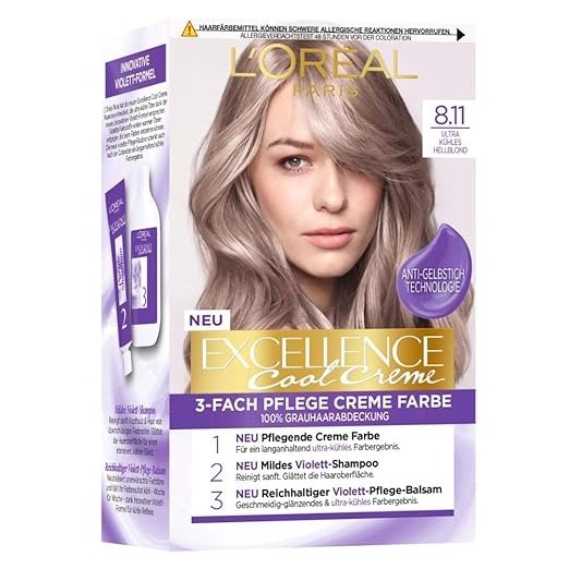 L'Oreal Paris Permanent Hair Colour, Ultra Cool Colour Result, 100% Grey Hair Coverage, Set with Excellence Cool Cream Colour, Shampoo and Care Cream, No. 8.11 Ultra Cool Light Blonde