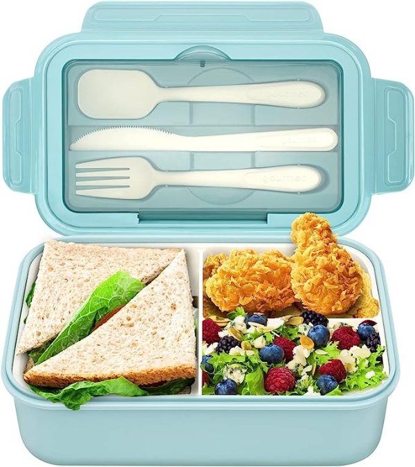 便当盒成人午餐盒，1400 毫升/47 盎司成人儿童午餐盒容器，升级隔热双层午餐盒，带叉子、勺子和刀，防漏，不含 BPA，可用于微波炉，可用洗碗机清洗
